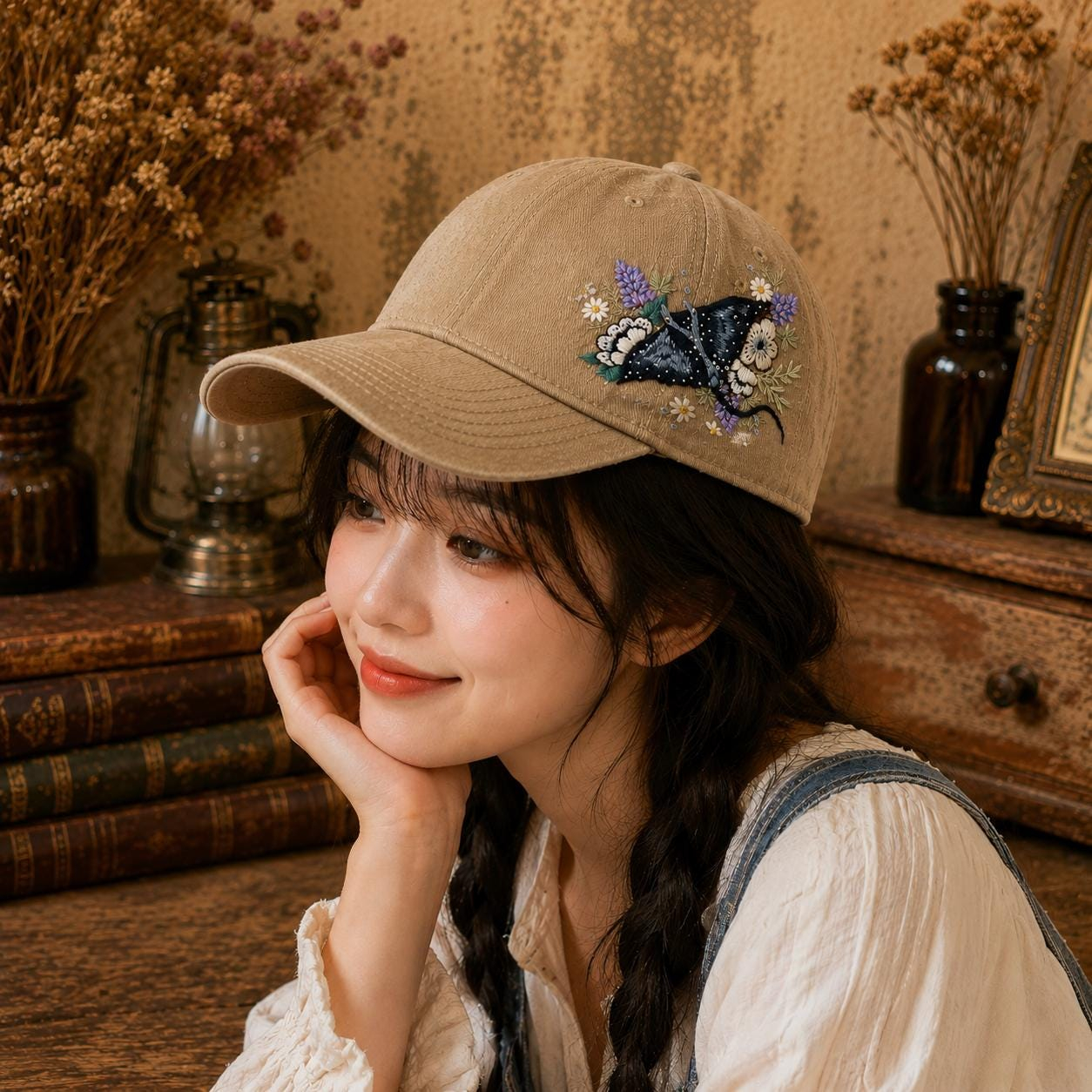 Hand Embroidered Black Stingray and Wildflower Beige Baseball Cap