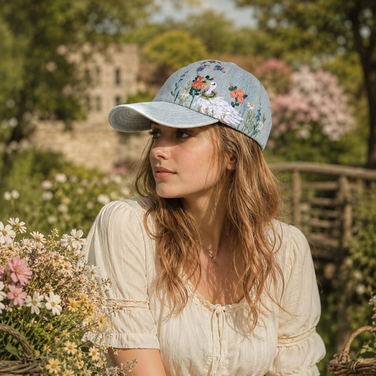 Hand Embroidered Duck and Garden Flowers Light Blue Baseball Cap