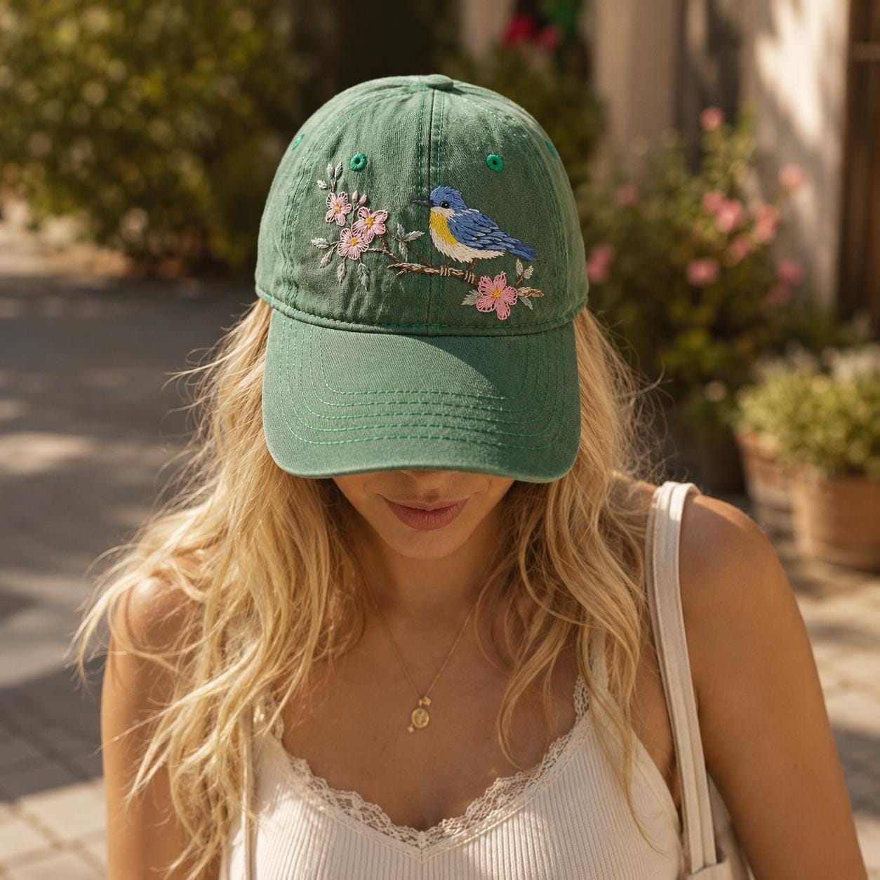 Hand Embroidered Bluebird and Pink Blossom Green Baseball Cap