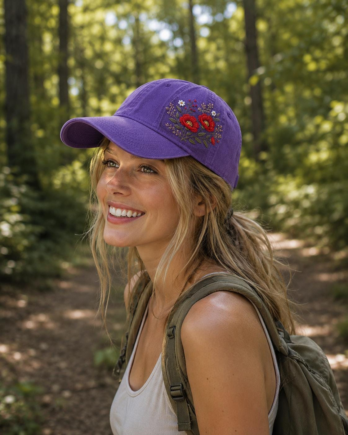 Hand Embroidered Red Poppy and Wildflower Purple Baseball Cap