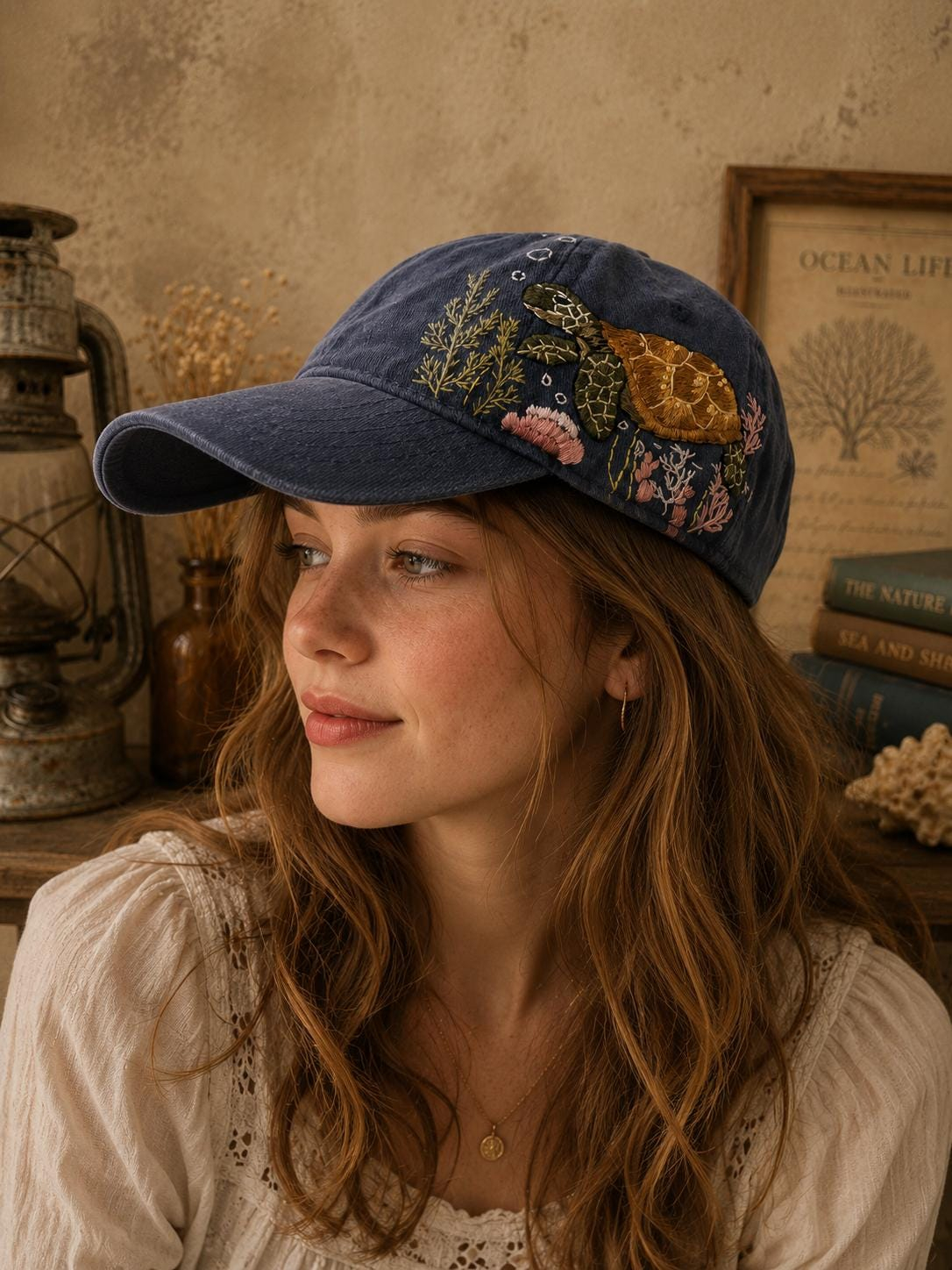 Hand Embroidered Sea Turtle and Coral Reef Charcoal Baseball Cap