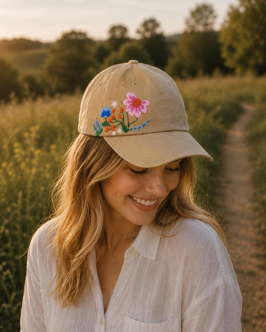 Hand Embroidered Pink Cosmos and Colorful Wildflower Beige Baseball Cap