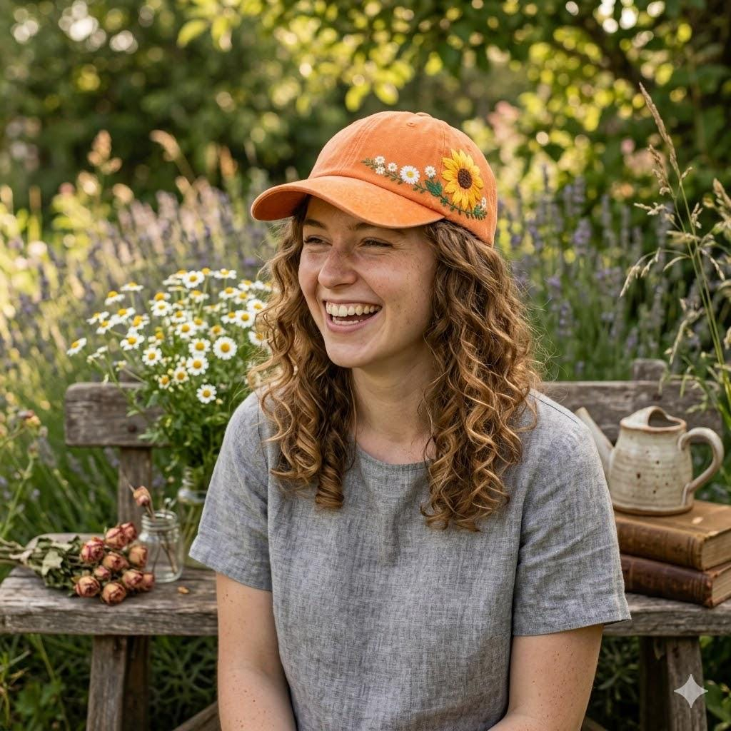 Hand Embroidered Sunflower and Daisy Orange Baseball Cap