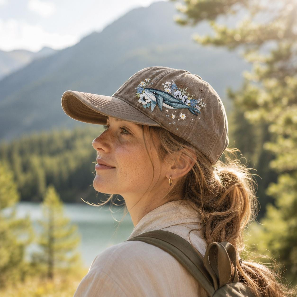 Hand Embroidered Blue Whale and Wildflower Taupe Baseball Cap