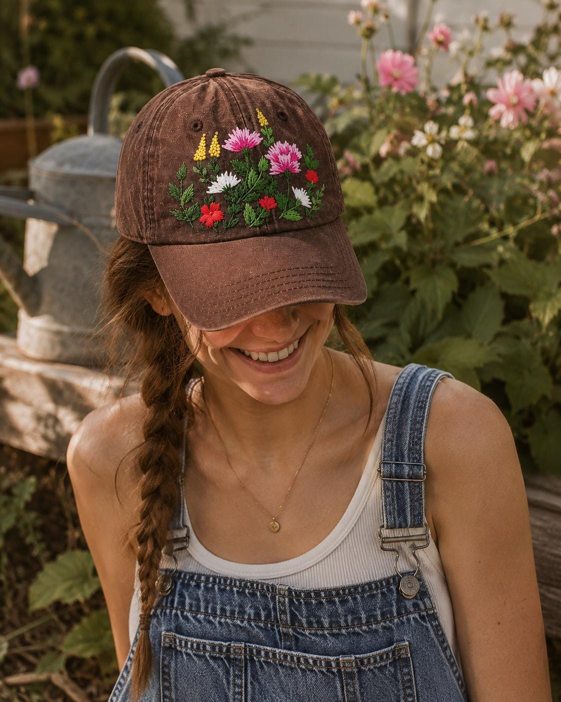 Hand Embroidered Thistle and Wildflower Brown Baseball Cap